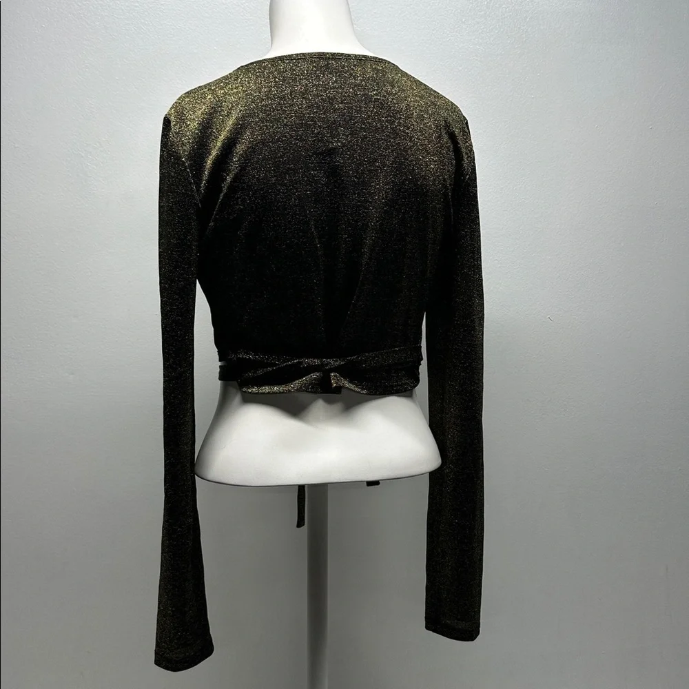 Reformation Jupiter Metallic Crop Top Long Sleeve Tie Blouse Black Gold Large